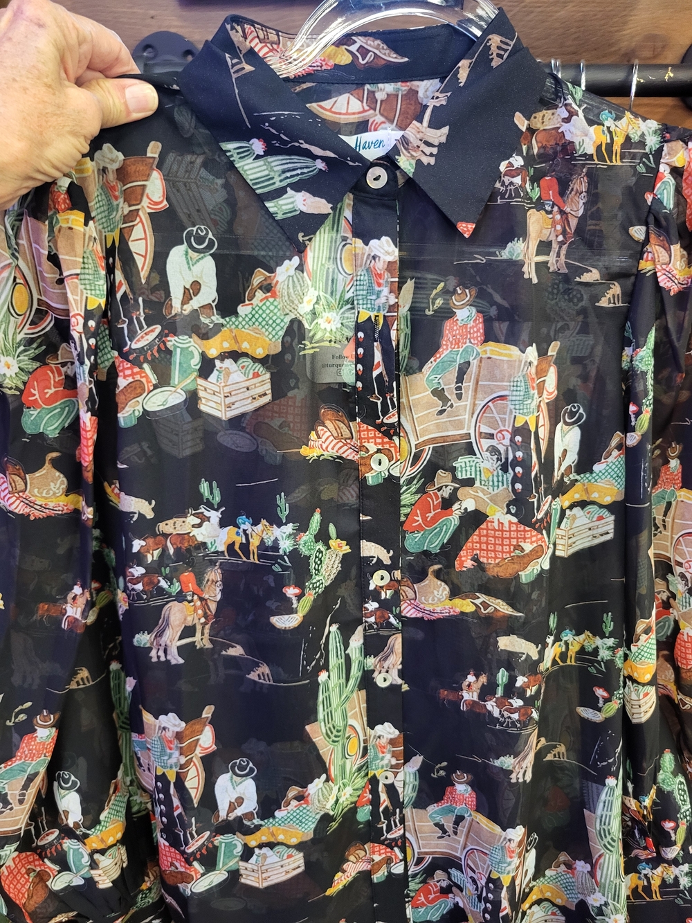 Sheer Western-Print Button-Up Blouse - Black/Multi
